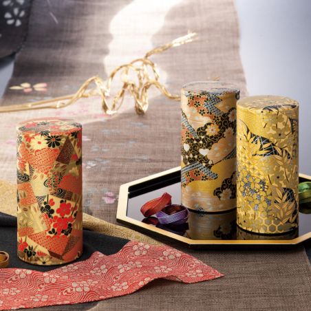 Japanese gold and black tea caddy in washi paper, KOGANE, 200 g